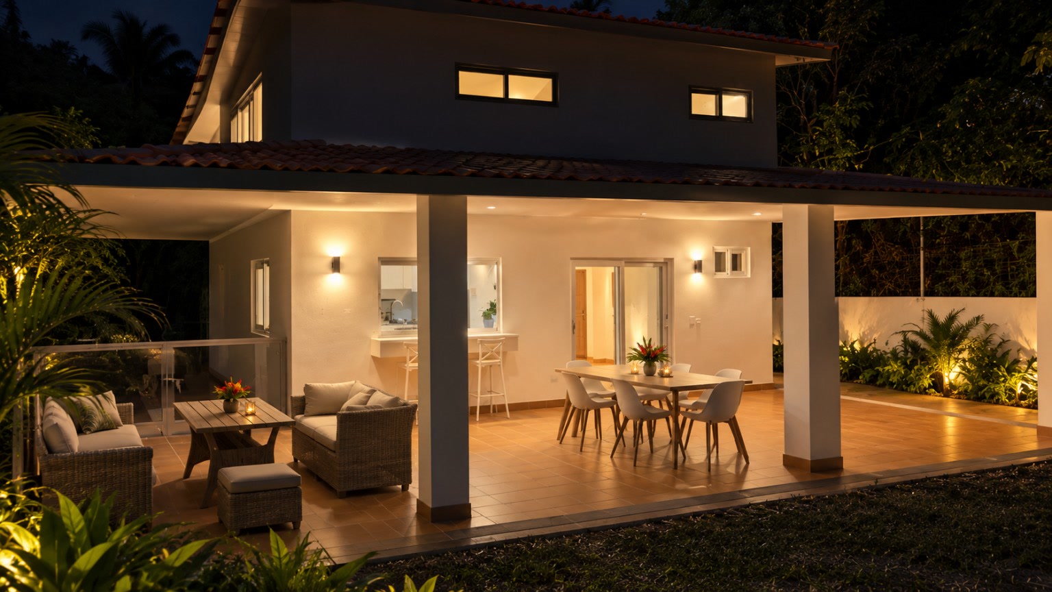 Villa Modelo Terminada real de noche, con presentación ambientada con IA
