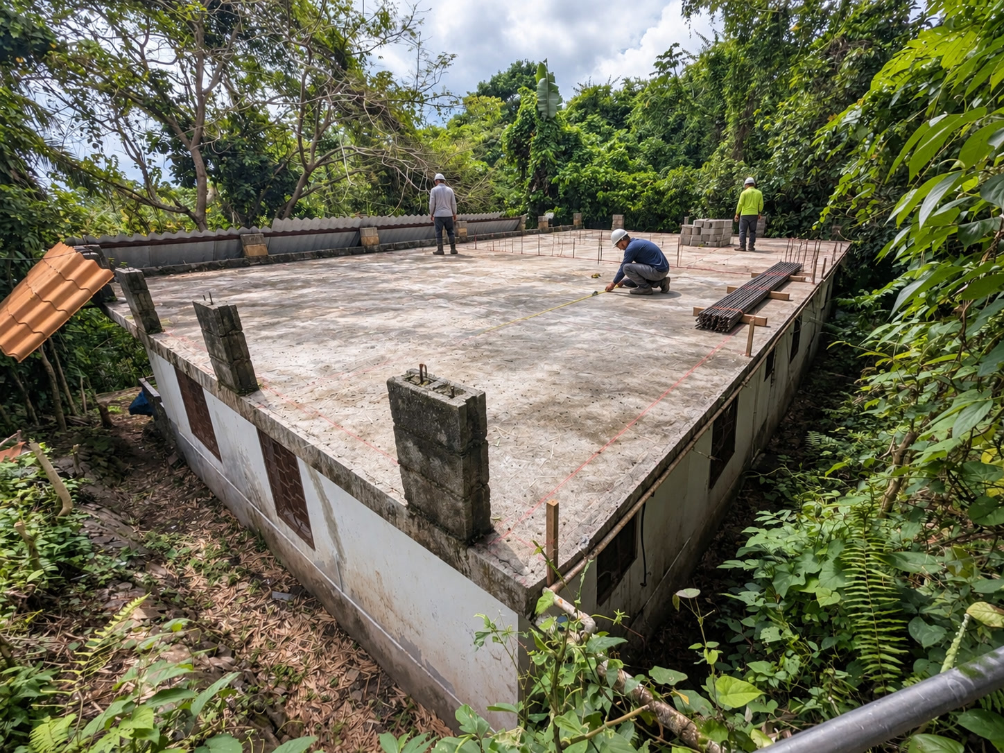 Base estructural existente de Villa 456 con actividad de obra ambientada con IA